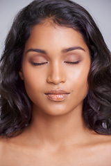 Image showing Closeup, face and woman for beauty, cosmetics and makeup isolated on gray background. Female person, gen z girl and eyes closed with skin for care, dermatology and microblading by studio backdrop