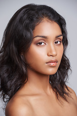 Image showing Skincare, health and portrait of woman in studio with beauty, wellness and natural facial routine. Model, cosmetics and face of female person with dermatology treatment isolated by gray background.