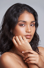 Image showing Cosmetic, beauty and portrait of woman in studio with health, wellness and natural facial routine. Glow, skincare and female person with face dermatology treatment isolated by gray background.