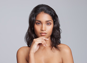 Image showing Skincare, natural and portrait of woman in studio with health, wellness and beauty facial routine. Serious, cosmetics and face of female person with dermatology treatment by gray background.