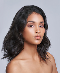 Image showing Skincare, wellness and portrait of woman in studio with health, beauty and natural facial routine. Serious, cosmetics and face of female person with dermatology treatment by gray background.