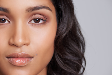 Image showing Skincare, beauty and portrait of woman in studio with health, wellness and natural facial routine. Mockup, cosmetics and closeup face of female person with dermatology treatment by gray background.