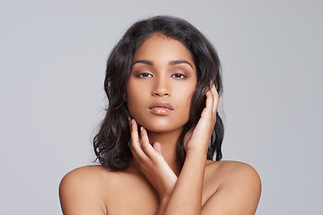 Image showing Cosmetic, health and portrait of woman in studio with skincare, wellness and natural facial routine. Serious, beauty and face of female person with dermatology treatment isolated by gray background.
