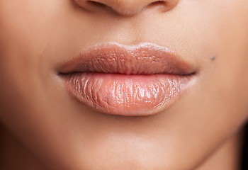 Image showing Closeup of woman, mouth and skin with natural beauty, skincare and wellness with gloss for dermatology. Face, change and balm on lips for moisturizer, cosmetic and collagen with oil or serum for glow