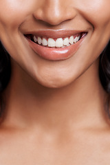 Image showing Woman, smile and mouth with teeth whitening for dental, health and oral hygiene with veneers. Skin, face and happy model for orthodontics, fresh breathe and glow with wellness, clean and beauty