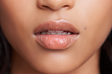 Image showing Closeup of woman, lips and skin with natural beauty, skincare and wellness with gloss for dermatology. Face, change and balm on mouth for moisturizer, cosmetic and collagen with oil or serum for glow