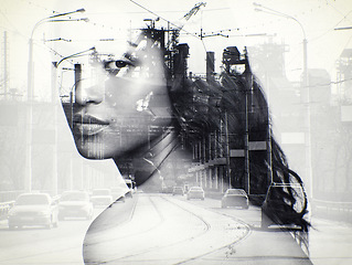 Image showing Portrait, woman and overlay of traffic in city with cars, road or double exposure of urban town. Female person, face or environmentalist with concern for carbon emission, air pollution or toxic fumes