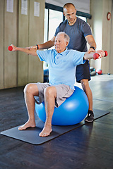 Image showing Physiotherapist, helping and senior man with weights, training and elderly support for care. Men, gym and exercise for health, wellness and coaching with yoga ball for mature rehab and wellbeing
