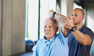 Image showing Physiotherapist, helping and senior man with stretch, training and elderly support for care. Men, gym and exercise for health, wellness and coaching with arthritis for mature rehab and wellbeing