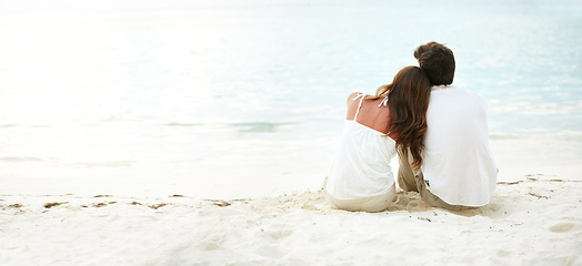 Image showing Young couple, back and love at beach outdoors for mockup, relationship and marriage. Calm, man and woman with space for support, care and flare on holiday or vacation together in nature for travel