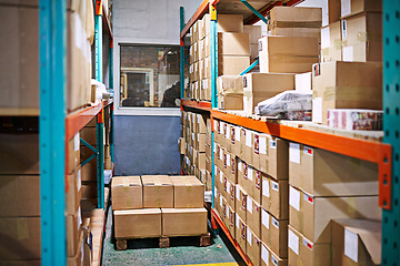 Image showing Stock, product and factory for ecommerce, delivery and logistics for retail, shipping and package. Supply chain, warehouse or industry with boxes and manufacturing for store, service and storage