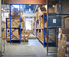 Image showing Stock, product and box in factory for ecommerce, delivery and logistics for retail and shipping. Supply chain, warehouse or industry with boxes and manufacturing for store, service and storage