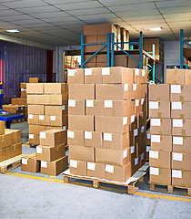 Image showing Box, product and factory for ecommerce, delivery and logistics for retail, shipping and package. Supply chain, warehouse or industry with cardboard and manufacturing for store, service and storage