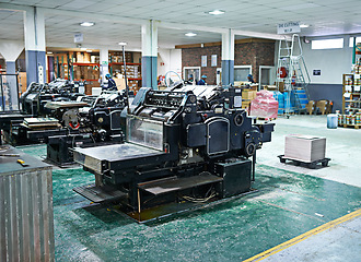 Image showing Industrial, printer and machinery in printing, factory and industry for newspaper, magazine and books. Inside, room and printing with paper, ink and equipment for distribution, media and publication