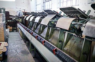 Image showing Printing, factory and paper machine at production facility for distribution, publishing or manufacturing. Workshop, business and service process or newspaper industry as supplier, press or wholesale