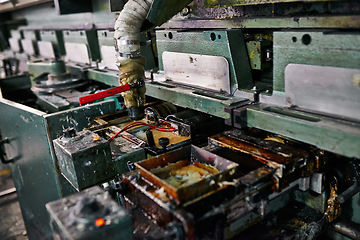 Image showing Closeup, printing and production with machine in factory for distribution, equipment and maintenance for safety. Warehouse, printer and press for newspaper, magazine and industrial manufacturing