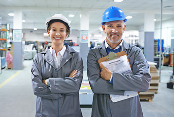 Image showing Portrait, people or paper in hard hat, logistics or product delivery in warehouse building. Mature man, happy woman or clipboard in document, stock or shipping administration as supply chain project