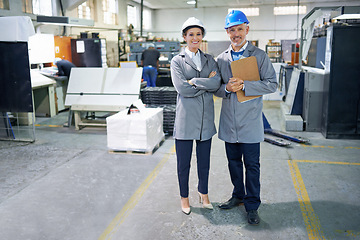 Image showing Professional people, printing and industry in warehouse with clipboard for distribution, admin and packaging. Man, woman and happy in factory with portrait for production, manufacturing and teamwork