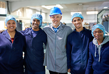 Image showing Workers, smile and portrait in factory for production process, industry and manufacturing for distribution and work. Group or team for assembly line, printing and packaging for supplier and job