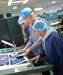 Image showing Factory, planning and teamwork with printing, distribution and document for publication, media and magazine. Employees, working and process for printed press, edition and advertisement for newspaper