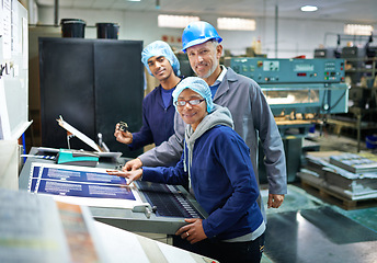 Image showing Factory, employees and working with printing, distribution and documents for publication, media and magazine. People, teamwork and process for printed press, edition and advertisement for newspaper