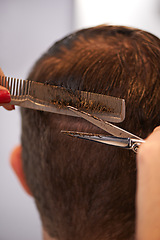 Image showing Customer, hairdresser and hands at barbershop for professional service with grooming, tools and haircare. Barber, comb and appointment for beauty industry with hairstyle, hair salon and people