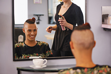 Image showing Spray, styling and happy man in mirror with hairdresser for professional haircare, cut or luxury treatment. Grooming, hair and client at salon for care, unique haircut and small business with service