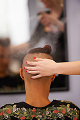 Image showing Female hairdresser, mirror and client at barber shop for styling, grooming and professional hair treatment. Male customer, haircut and hairspray in salon chair for makeover and luxury haircare.