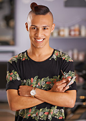 Image showing Hairdresser, scissor and portrait of man for retail barber shop, boutique and haircare stylist. Hair salon, professional male person and arms crossed with comb for beauty, grooming and treatment