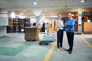 Image showing Manager, smile and portrait in factory for production process, industry and manufacturing for distribution. Mature people and confident in packaging plant or warehouse with stock for supplier