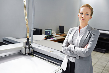 Image showing Woman, portrait and printing paper at factory or wholesale manufacturing for laser ink jet, production or warehouse. Female person, face and industrial machine for publishing, newspaper or facility