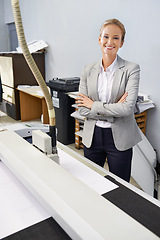 Image showing Woman, portrait and printing paper fr production wholesale or manufacturing as laser ink jet, service or warehouse. Female person, face and industrial machine for publishing, newspaper or facility
