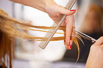 Image showing Hairdresser, hands and scissors with comb for haircut, styling and beauty with maintenance for hair care. Grooming, cosmetic and stylist person at professional salon with client, pamper and makeover