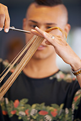 Image showing Hairdresser, hands and man with scissor for haircut, styling and beauty treatment with maintenance for hair care. Grooming, cosmetic and stylist at professional salon with client, pamper and makeover