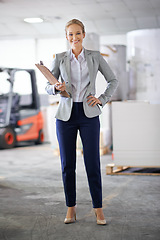 Image showing Woman, manufacturer and confident with clipboard at warehouse for paperwork and administration. Portrait, female person and happy with stock or information capture in logistics company and business