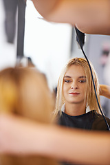 Image showing Woman, mirror and hairdresser in salon for haircare maintenance and heat treatment. Styling, back view and female customer for makeover, professional service and hair drying with luxury care