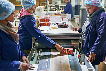 Image showing People, printer and warehouse production in factory for wholesale distribution, publishing or manufacturing. Workers, teamwork and newspaper press supplier or technology process, flyer or facility