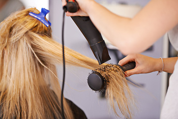 Image showing Brush, hair and hands with dryer for beauty, people at hairdresser for haircare and maintenance with heat treatment. Electric appliance, styling and blow drying for makeover with cosmetic care