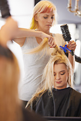 Image showing Hairdresser, salon and haircut for female client, comb and clip for hair dry during appointment. Service, beautician and haircare from stylist at small business, beauty spa and hairstylist career