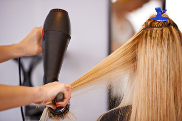 Image showing Brush, haircare and hands with hairdryer for beauty, people at hairdresser for maintenance and heat treatment. Electric appliance, styling and blow drying for makeover or grooming with cosmetic care