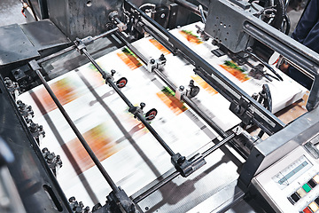 Image showing Printing, machine and paper factory for warehouse production for newspaper press, magazine or publishing. Distribution, project and industrial illustration with ink jet laser, equipment or facility