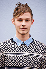 Image showing Portrait, fashion and happy male person, hairstyle and trendy clothing on studio background. Face, smile and spike haircut with casual outfit for man model, hipster or confidence with funky style