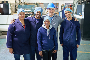 Image showing Portrait, people or safety in manufacturing, industry or proud of team, building or collaboration. Manager, worker or teamwork in ppe, workwear or helmet as trade, trust or industrial overall on site