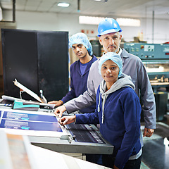 Image showing Portrait, team and work with machine in warehouse for printing industry or manufacturing business for wholesale paper distribution. Manager, employees and teach to operate equipment and machinery.