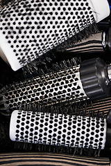 Image showing Comb, hair care and equipment with brush, tools and styling for professional salon and treatment. Small business, cosmetics products and collection with industry and services with curlers and