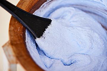 Image showing Bowl, hair dye and blue color in salon for haircare, paste and chemical for tint or bleach for grooming. Closeup, mixture and haircare by treatment for cosmetics or dermatology, beauty and prepare