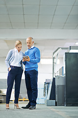 Image showing Mature, man and person with tablet in factory for production monitoring, inventory or order management and inspection. Team, digital tech and warehouse for printing material and distribution industry