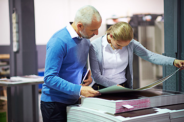 Image showing People, printing factory and paper production or manufacturing distribution, publishing or newspaper. Workers, collaboration and warehouse industry or workshop service or wholesale, ink or technology