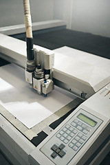 Image showing Printer, machine and paper laser at warehouse with manufacturing distribution, ink jet or press. Technology, automated and supplier tools for production process as equipment, business or publishing