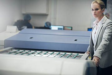 Image showing Business, woman and work with printing machine in factory for manufacturing or distribution of paper. Female person, warehouse and printer equipment for creative industry or sector and career